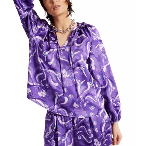 INC PRINTED RUFFLED TIE NECK BLOUSE - Picture 2 of 9